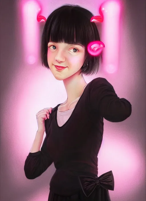 Image similar to portrait of high school girl, realistic, black hair, bangs, half updo hairstyle, pointy nose, skinny, smile, ugly, defined jawline, big chin, pink hair bow, earrings, intricate, elegant, glowing lights, highly detailed, digital painting, artstation, sharp focus, illustration, art by wlop, mars ravelo and greg rutkowski