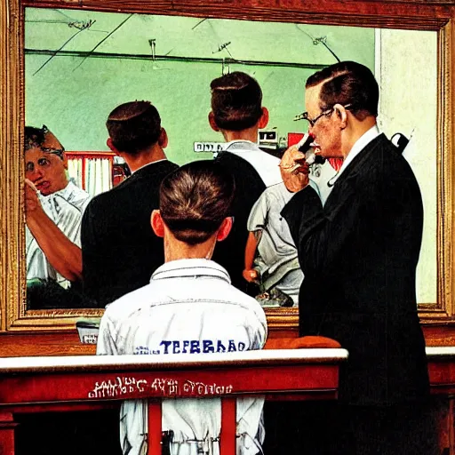 Image similar to pepe the frog at the barbershop by norman rockwell
