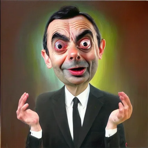 Image similar to a realistic oil painting of mr bean as a cybernetic cyborg, surrealism portrait, surrealism album cover