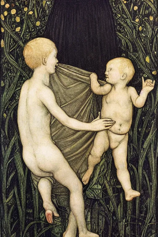 Prompt: an edward burne - jones painting of a child with down syndrome titled'the alcoholic eclipse'