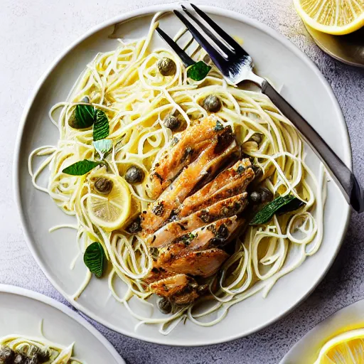 Image similar to photograph of Chicken Piccata with angel hair noodles, lemons, creamy sauce and capers from Cheesecake Factory