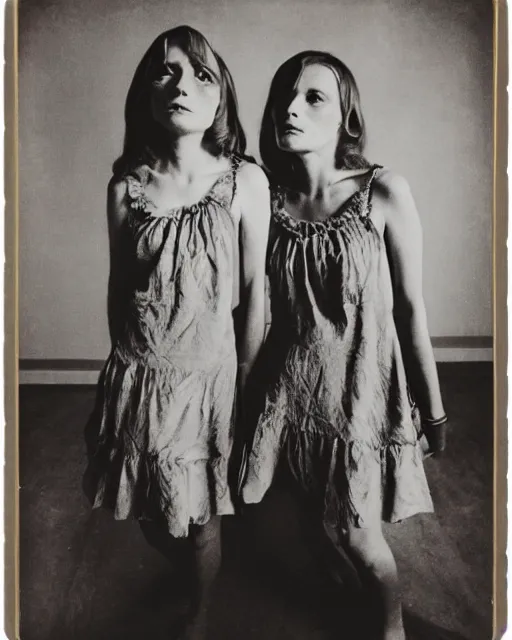 Prompt: two sisters in disheveled luxury, instant photo, by dorothea tanning, taken in the 1 9 7 0 s, atmosphere is eerie, dreamy, beautiful