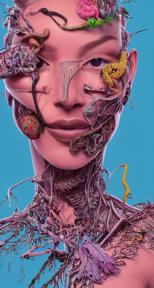 Prompt: cinema 4d colorful render, organic, ultra detailed, of a painted realistic face with growing snakes, scratched. biomechanical cyborg, analog, macro lens, beautiful natural soft rim light, smoke, veins, neon, winged insects and stems, roots, fine foliage lace, pink and pink details, art nouveau fashion embroidered, intricate details, mesh wire, computer components, anatomical, facial muscles, cable wires, elegant, hyper realistic, ultra detailed, 8k post-production