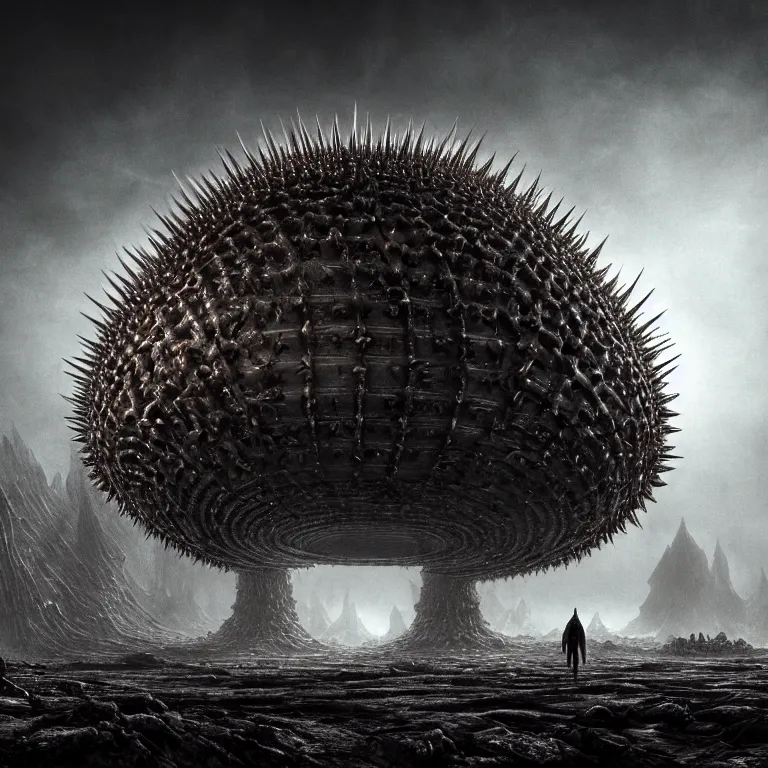 Prompt: ribbed surreal giant abandoned alien structure, spaceship on exoplanet, covered in with spikes, in a desolate empty wasteland, creepy, nightmare, dream-like heavy atmosphere, surreal abandoned buildings, beautiful detailed intricate insanely detailed octane render trending on Artstation, 8K artistic photography, photorealistic, chiaroscuro, Raphael, Caravaggio, Beksinski, Giger