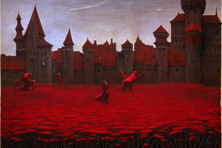 Image similar to only with red, red flowers of different types, a red tiger, a castle in the background, medieval demons dance over the flowers, an ancient path, in the style of beksinski, part by hopper, part by rodcenko, part by hofbauer, intricate composition, red by caravaggio, insanely quality, highly detailed, masterpiece, red light, artstation