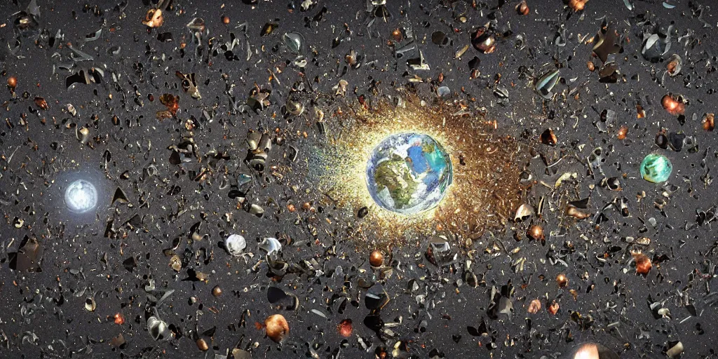 Image similar to shot from a distance of 2 5 0 million miles. a highly accurate depiction of earth slowly broken open, exploding, and pieces are floating apart. the earth is being held by the claws of unbelievably huge space florida crab descendants. dramatic lighting, highly coherent, highly detailed, epic, digital art, valerian, silent running, fifth element, octane 3 d render.