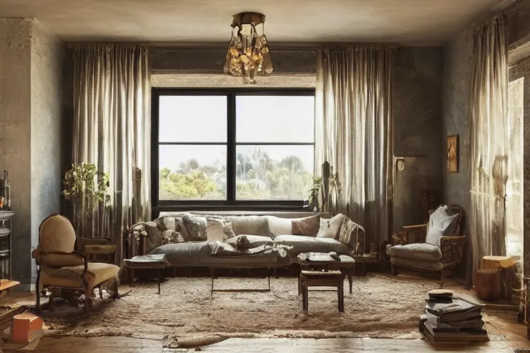Prompt: sunset in a tastefully decorated living room with dark luxurious furnishings, and a mix of antique and modern furniture, and a mix of concrete and wood finishes, soft focus cinematic still, dark dreamy sunset dappled light by monet