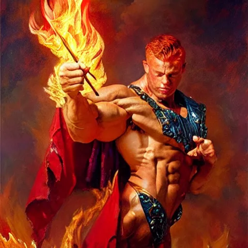 Prompt: stunning male bodybuilder master wizard casting fire spell, highly detailed painting by gaston bussiere, craig mullins, j. c. leyendecker, 8 k