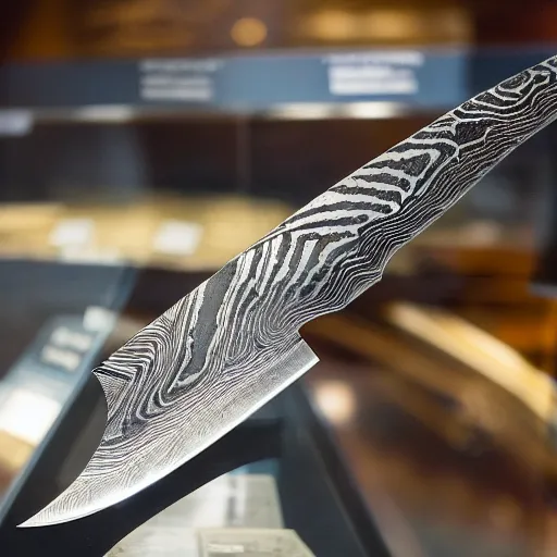 Prompt: A Damascus steel knife is sitting in a display case in a museum.