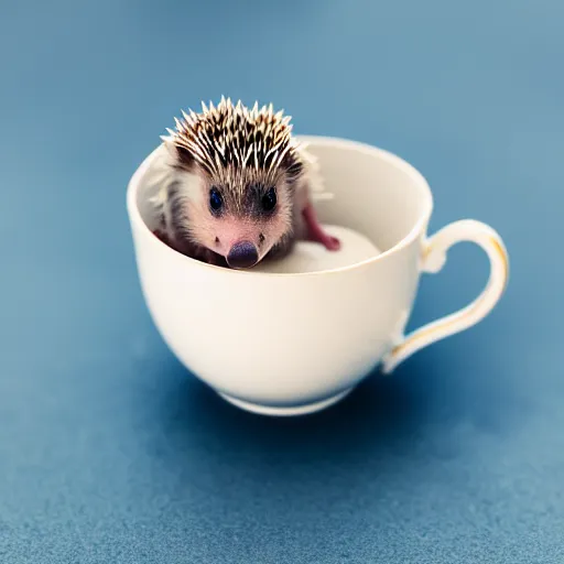 Prompt: baby hedgehog in a teacup, photography, minimalistic, 8 k