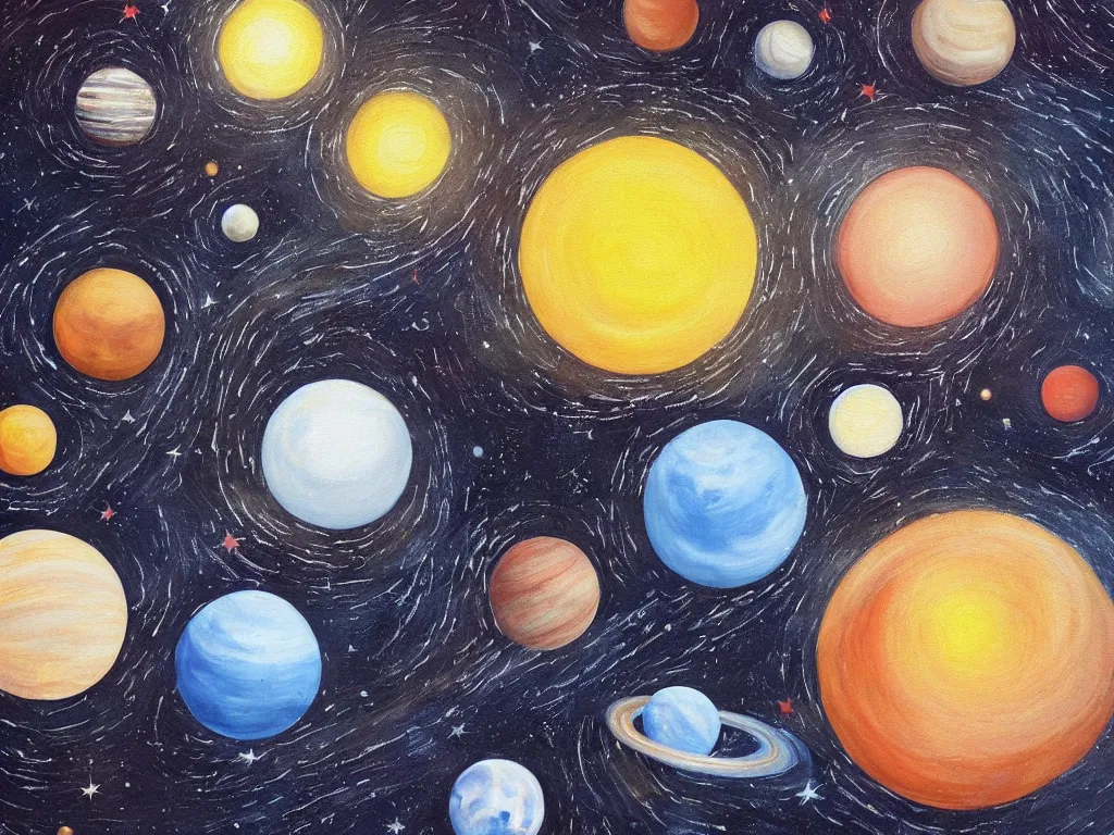 Prompt: A beautiful painting of a five planets, There are only five planets that are black, white, yellow, red, and blue, behind the galaxy and the universe, Trending on artstation, starry sky, Gioele Muscolino