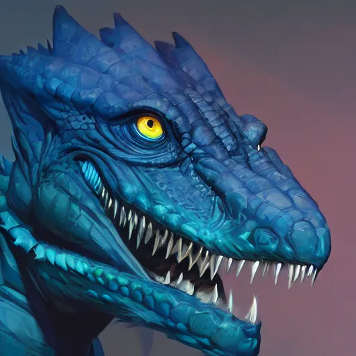 Image similar to portrait of an antropomorphic raptor creature, reptile face, dark blue scales, angry look, ready for battle, mattepainting concept blizzard pixar maya engine on cold night stylized background splash comics global illumination lighting artstation lois van baarle, ilya kuvshinov, rossdraws