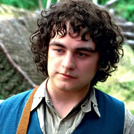 Image similar to clean shaven pudgy British lad with short curly dark brown hair as a hobbit wearing a white men's crossbody sling chest bag and blue vest, high resolution film still, movie by Peter Jackson