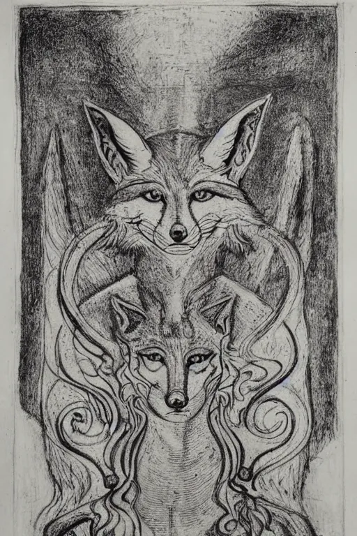 Image similar to realistic medieval etching of the fox of chaos, high detail, elaborate composition, quality draughtmanship, detailed faces. by austin osman spare, occult art, alchemical diagram