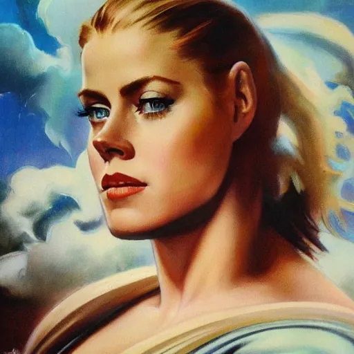 Prompt: ultra realistic portrait painting of amy adams as an android cowgirl, art by frank frazetta, vintage levi ’ s ad, stormy weather, dark vibes, 4 k, ultra realistic, highly detailed, epic lighting