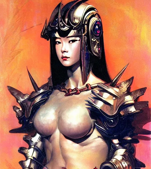 Image similar to portrait of strong korean female chaos angel, beautiful! coherent! by frank frazetta, by brom, strong line, vivid neon color, spiked scrap metal armor, iron helm maximalist