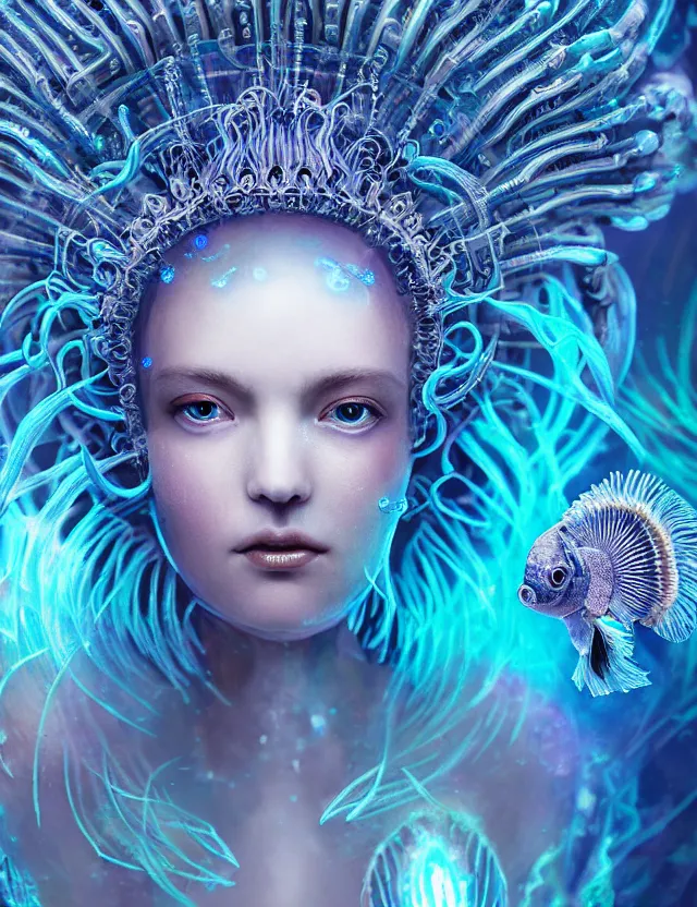 Image similar to goddess macro close - up portrait in crown made of ram skull. betta fish, jellyfish phoenix, bioluminiscent, plasma, ice, water, wind, creature, super intricate ornaments artwork by tooth wu and wlop and beeple and greg rutkowski