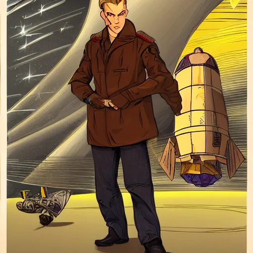 Image similar to character concept art of heroic square - jawed emotionless serious blonde handsome butch princely woman aviator, with very short butch slicked - back hair, wearing brown leather jacket, standing in front of small spacecraft, illustration, science fiction, retrofuture, highly detailed, ron cobb, mike mignogna