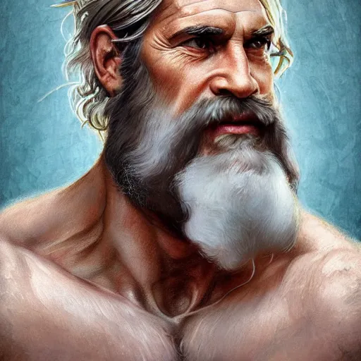 Prompt: painted portrait of rugged zeus, greek god, 4 0 years old, handsome, white hair, soft hair, upper body, muscular, hairy torso, fantasy, intricate, elegant, highly detailed, digital painting, artstation, concept art, smooth, sharp focus, illustration, art by norman rockwell