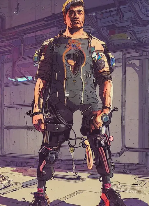 Image similar to hector. apex legends cyberpunk weight lifter. concept art by james gurney and mœbius. cinematic, dramatic lighting ( cyberpunk 2 0 7 7 ), clean aesthetic