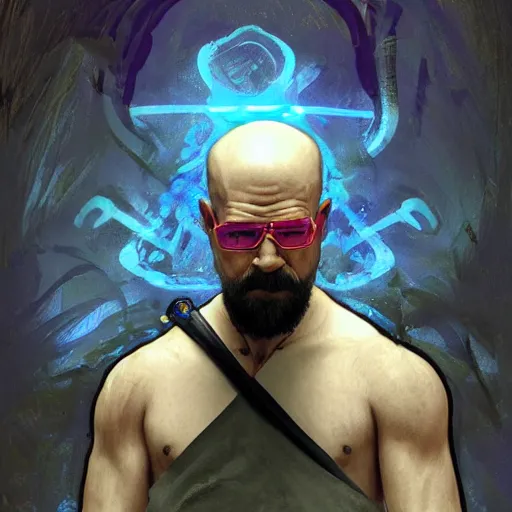 Image similar to Heisenberg as Kratos, highly detailed, digital painting, artstation, concept art, smooth, sharp focus, illustration, ArtStation, art by artgerm and greg rutkowski and alphonse mucha and J. C. Leyendecker and Edmund Blair Leighton and Katsuhiro Otomo and Geof Darrow and Phil hale and Ashley wood and Ilya repin and Charlie Bowater