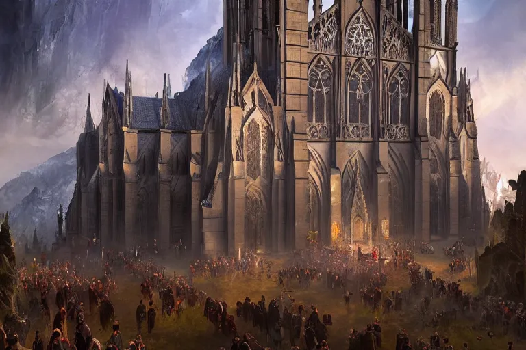 Prompt: gathering outside of grand gothic church, built into mountain, beautiful view, d & d, fantasy, intricate, elegant, highly detailed, digital painting, epic wide shot, trending on artstation, concept art, matte, sharp focus, illustration, art by noah bradley, scott m fischer, greg rutkowski, john avon