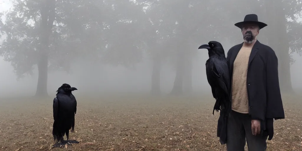 Prompt: a man with a raven instead of a head standing in the mist, fog, scary