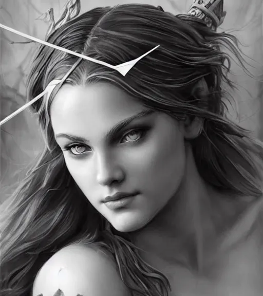 Image similar to beautiful aphrodite goddess wearing an arrow on her head, realistic face, beautiful eyes, black and white drawing, in the style of greg rutkowski, fantasy, amazing detail, epic, intricate, elegant, smooth, sharp focus