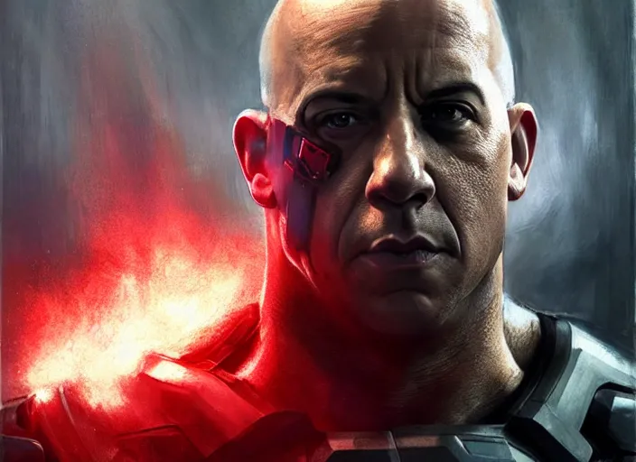 Image similar to vin diesel as victor stone, full body concept, cyborg, borg, strogg, face of a man, terminator, flesh, quake strogg, doom demon, wolfenstein, monstrous, powerful, symmetry, symmetrical, concept art by ruan jia and greg rutkowski