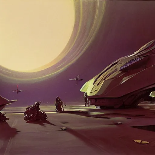 Image similar to group of nomads travelling on an alien world, cinematic lighting, science - fiction, detailed, matte painting, syd mead, john harris,