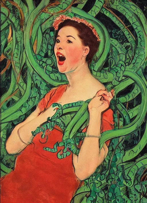 Prompt: vintage beautiful painting of a beautiful woman screaming at giant tentacles and vines coming out of a sanatorium in Mary Cassatt style