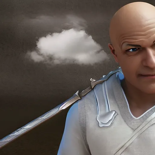 Image similar to mr. clean holding cloud's sword from final fantasy, 4 k, realistic, 8 k