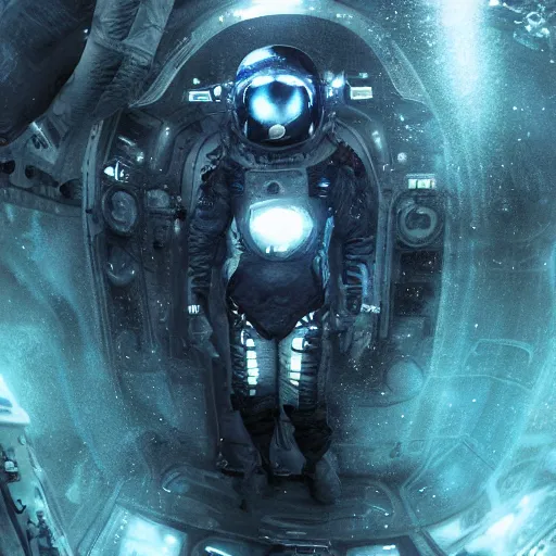 Image similar to concept art by craig mullins astronaut in futuristic dark and empty spaceship underwater. infrared complex and hyperdetailed technical suit. mandelbulb fractal. reflection and dispersion materials. rays and dispersion of light. volumetric light. 5 0 mm, f / 3 2. noise film photo. flash photography. unreal engine 4, octane render. interstellar movie art