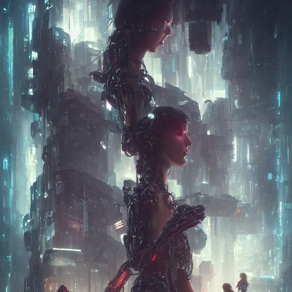 Prompt: portrait of a cyberpunk beautiful young woman by Greg Rutkowski,biomechanical, highly detailed portrait, Blade Runner background, futuristic, digital engine, luminous,vapor