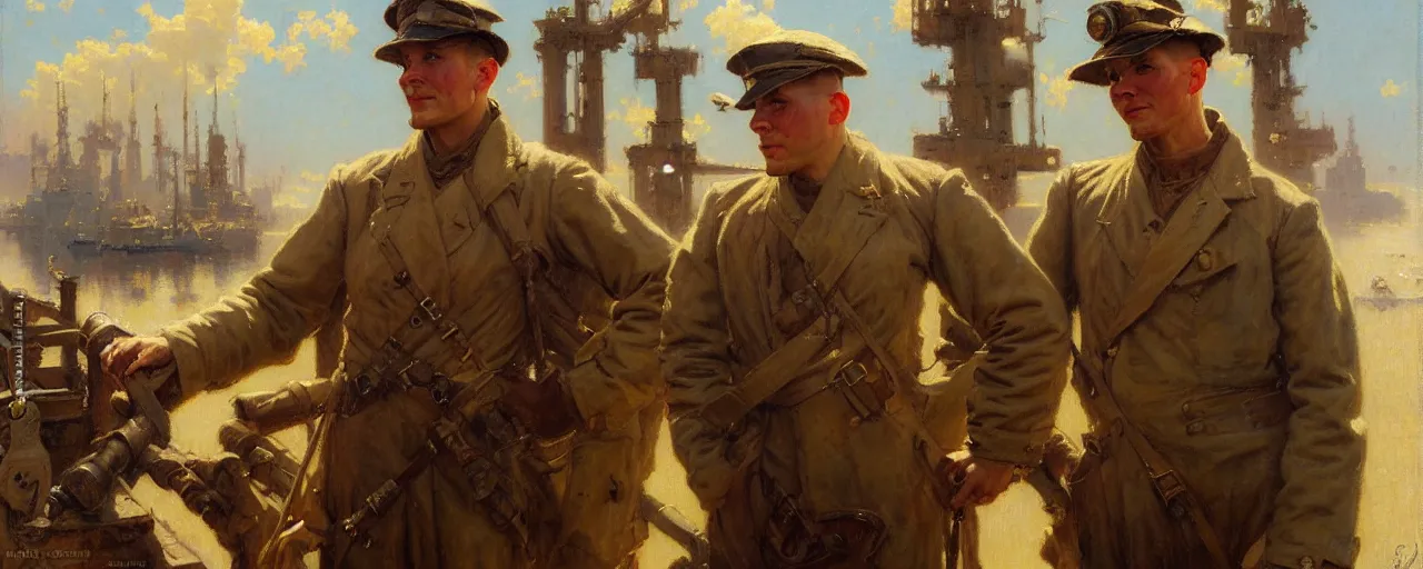 Prompt: portrait of a us soldier in shipyard dieselpunk, painting by gaston bussiere, craig mullins, j. c. leyendecker