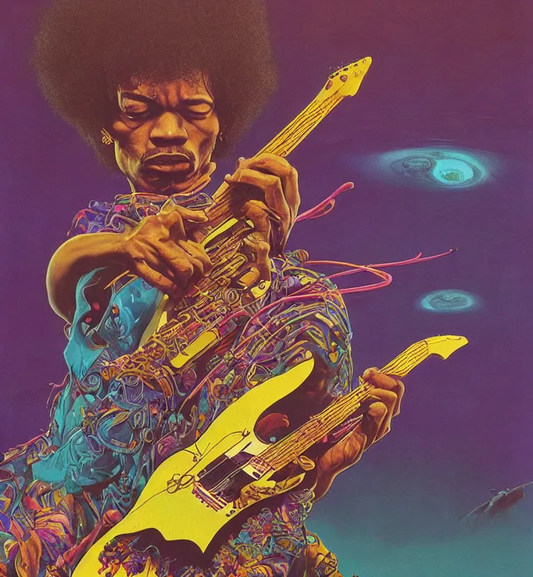 Prompt: jimi hendrix playing guitar, colourful afrofuturist biomorphic opart scifi in background, octane render 8 k, pascal blanche, josh kirby, roger dean, james jean, giger, arthur rackham, moebius, syd mead, killian eng beksinski, greg hildebrandt, scifi, 8 k