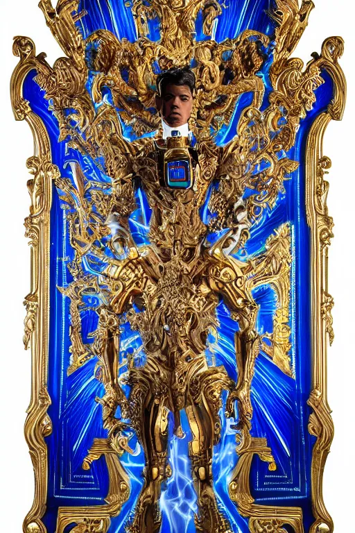 Image similar to full-body sculpture of a young handsome Colombiano prince as a half cibernetic android with a glowing blue battery in his chest, white laser beam coming out of his eyes, crown of giant diamonds, flowing neon-colored silk, fabric, raptors, in a cyperbunk and baroque style. baroque elements. full-length view. baroque element. intricate artwork by caravaggio. many many birds birds on background. Trending on artstation, octane render, cinematic lighting from the right, hyper realism, octane render, 8k, depth of field, 3D