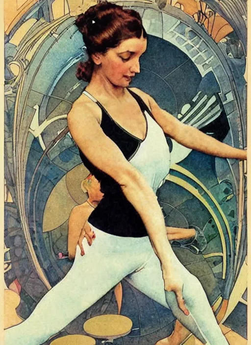 Prompt: an art nouveau futuristic copic maker illustration of full body girl doing yoga by norman rockwell and john berkey
