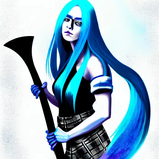 Prompt: A woman with long white hair, and bright blue skin, holding and axe with black mold dripping off it, professional art, trending on artstation