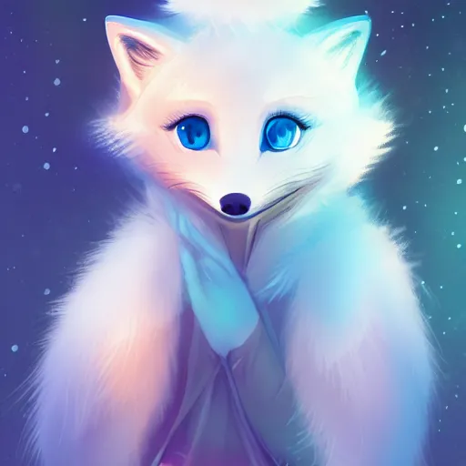 Image similar to cute girl anthro arctic fox with detailed blue eyes sitting around a campfire at night, full face, anime, detailed, trending on artstation, furry anthro fox, pixie, moe, illustration, digital art, concept art