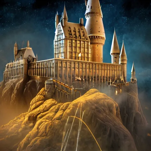 Prompt: hogwarts castle with fireworks and wizards flying on brooms in the night sky, volumetric lighting, 8 k octane beautifully detailed render, post - processing, extremely hyper - detailed, intricate, epic composition, cinematic lighting, masterpiece, trending on artstation, detailed detailed detailed, masterpiece, stunning art by anders zorn, wonderful masterpiece by greg rutkowski, beautiful cinematic light,