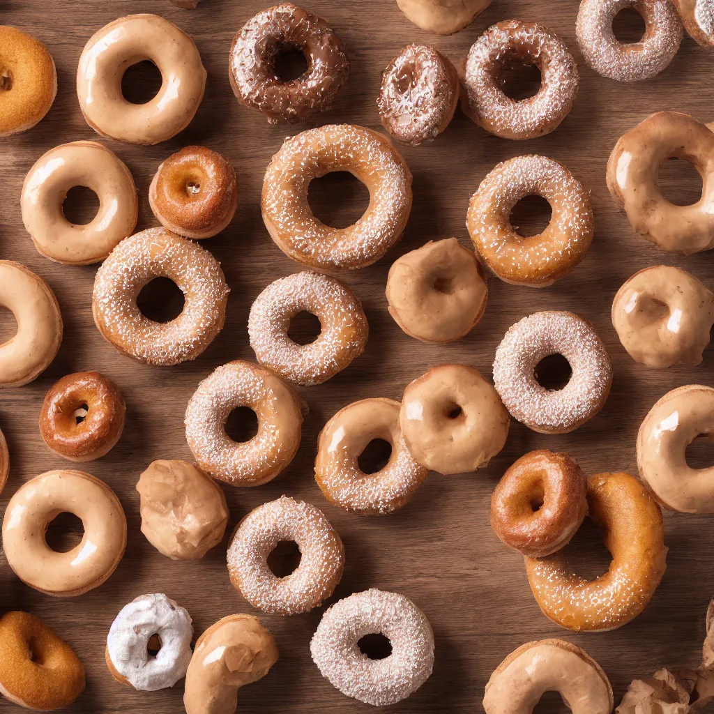 Image similar to top-down view with doughnuts top of a wooden table, wallpaper, 4k, photorealistic