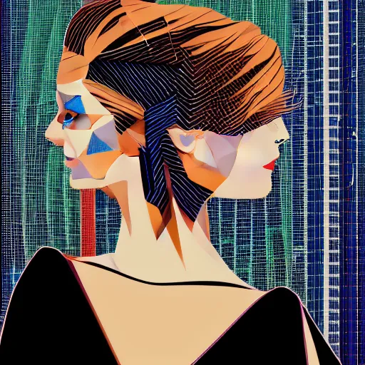 Image similar to beautiful elegant woman seen in profile, from the side, haloed by an explosion of microsoft excel chart lines and graphs by sandra chevrier, rik oostenbroek, simple contrasted color, white background