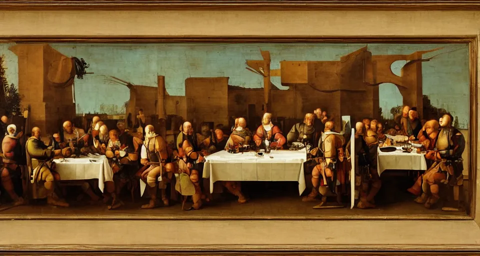 Image similar to us army soldiers sitting at a long rectangle dining table, old painting, intricate, 8 k, us soldiers in uniform eating dinner, dinner table, dining room, renaissance, leonardo da vinci