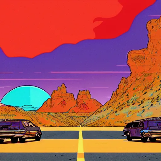 Image similar to !dream Utah desert Highway, retro, desert highway, retro colors, bold colors, drawn by Arthur Adams, 8k, digital art, artstation