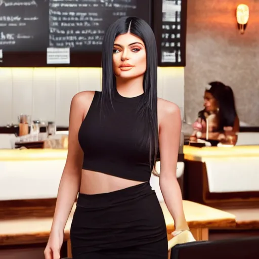 Prompt: kylie jenner working as a server in a poor restaurant, ultra detailed, dynamic light, photorealistic
