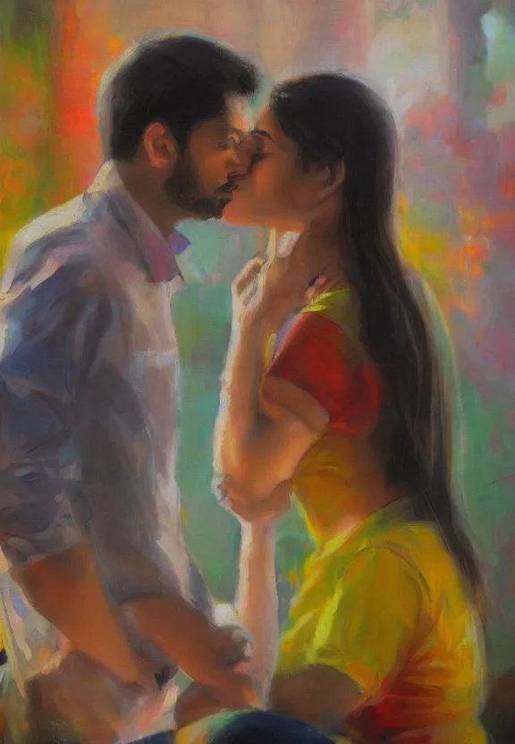 Prompt: a guy and a girl kissing, artwork by salman toor, cinematic light, atmospheric effects, oil on canvas