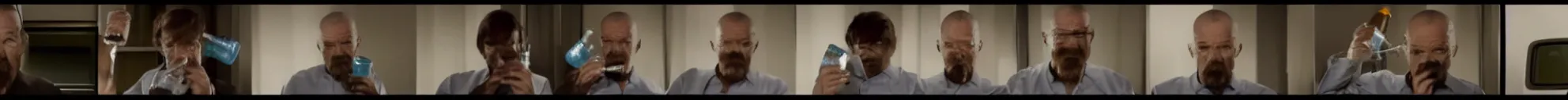 Image similar to 8 consistent frames from a video showing walter white drinking from a water bottle