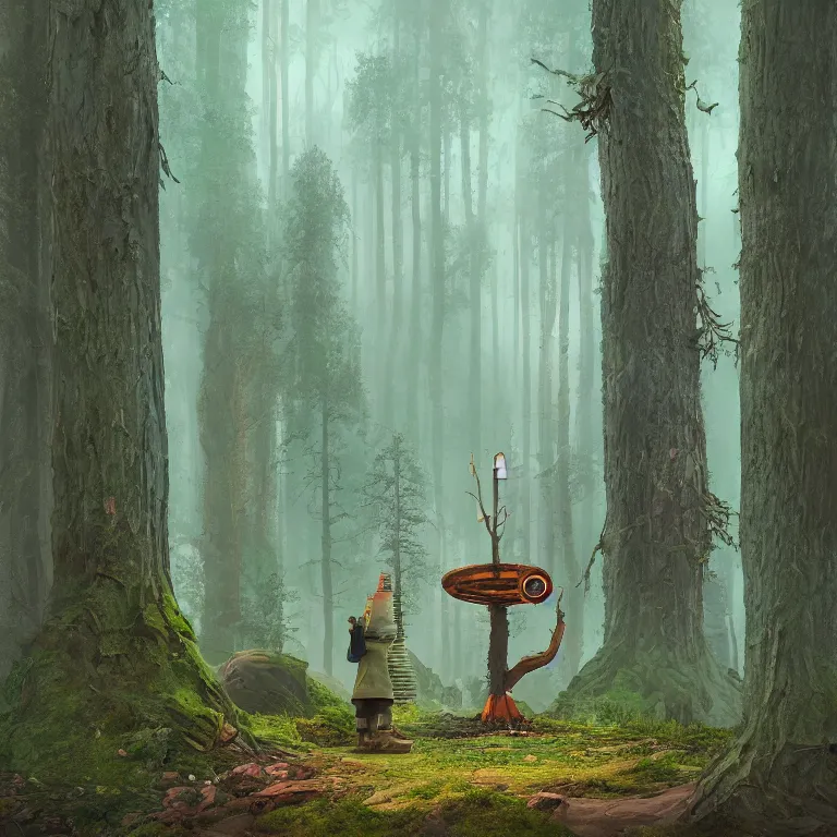 Prompt: a forest gnome standing in front of a circle portal open to another world Detailed digital matte painting in the style of simon stalenhag