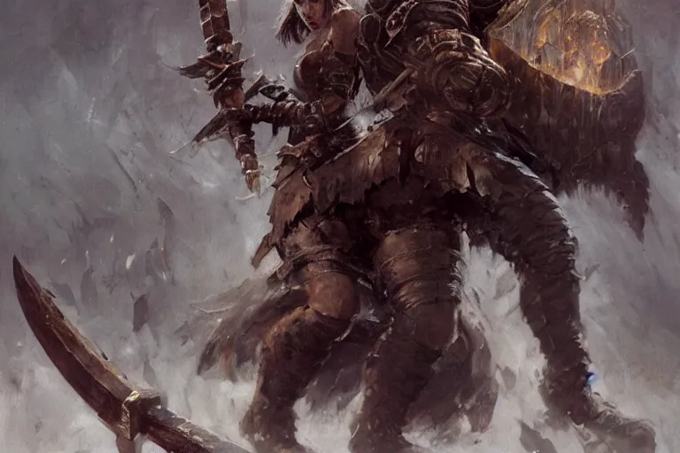 Image similar to A full portrait of a beautiful fur-armored berserker woman, dragging an oversize Gothic claymore into battle, by Frank Frazetta, Greg Rutkowski, epic fantasy art, Exquisite detail, post-processing, masterpiece, cinematic, embers